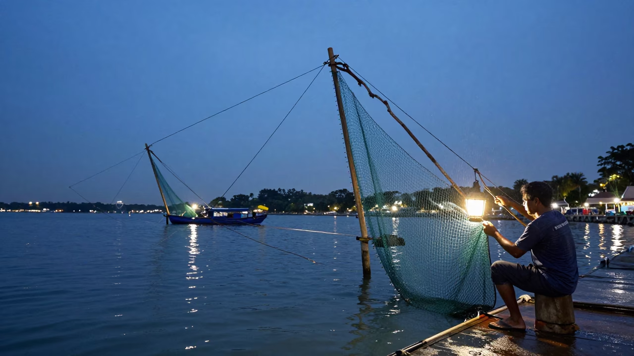 Man Mends Fishing Net by Lantern in Singapore in in Singapore
