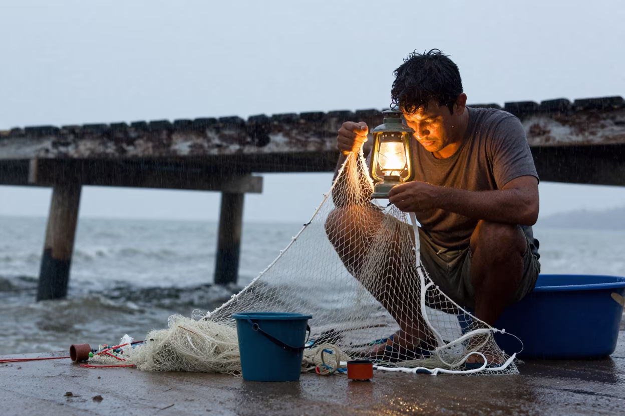 Man Mends Fishing Net in Wet Season Drizzle in near Trujillo