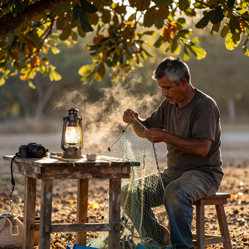 Man Mends Net in Dappled Autumn Light in near San Nicolás de los Arroyos
