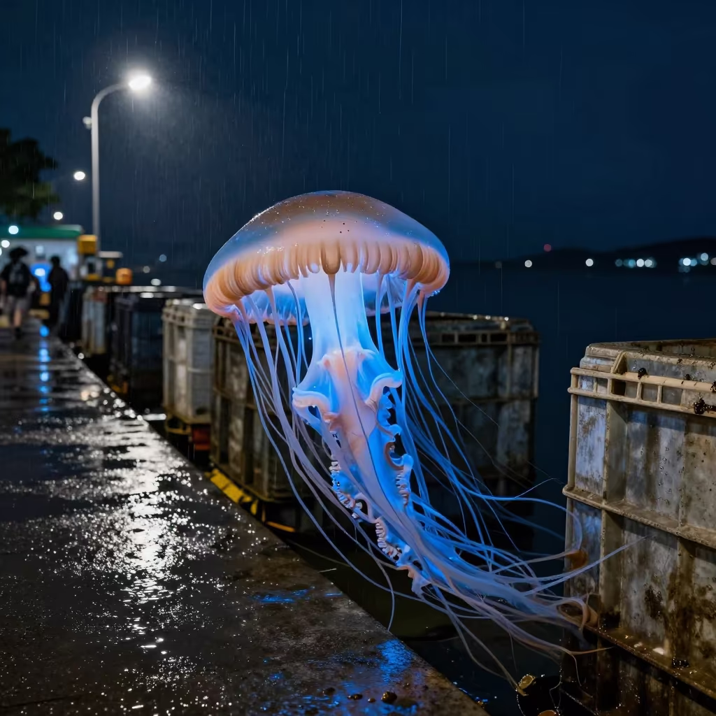 Man o War and Giant Mushrooms at Shenzhen Harbor in at a harbor edge in Shenzhen