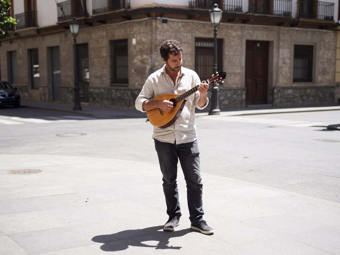 Man playing mandolin on sunlit street corner in Granada Spain midday in in Granada, Spain