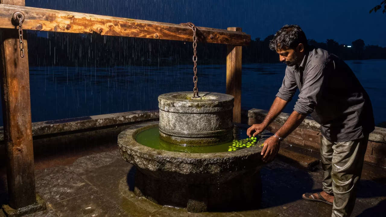 Man Pressing Olives in Stone Mill at Night in near a riverside landing in Bundi