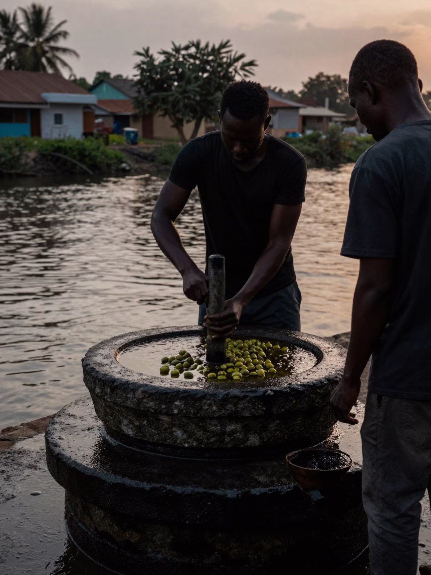 Man Pressing Olives in Stone Mill by Canal in beside a canal in Ikeja