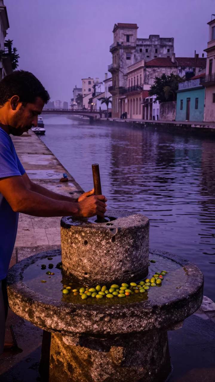 Man Pressing Olives in Stone Mill Beside Havana Canal in beside a canal in Havana