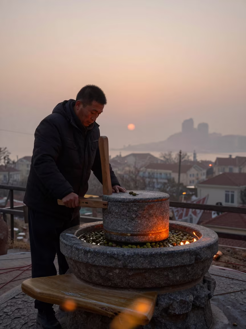 Man Pressing Olives in Stone Mill in in Qingdao