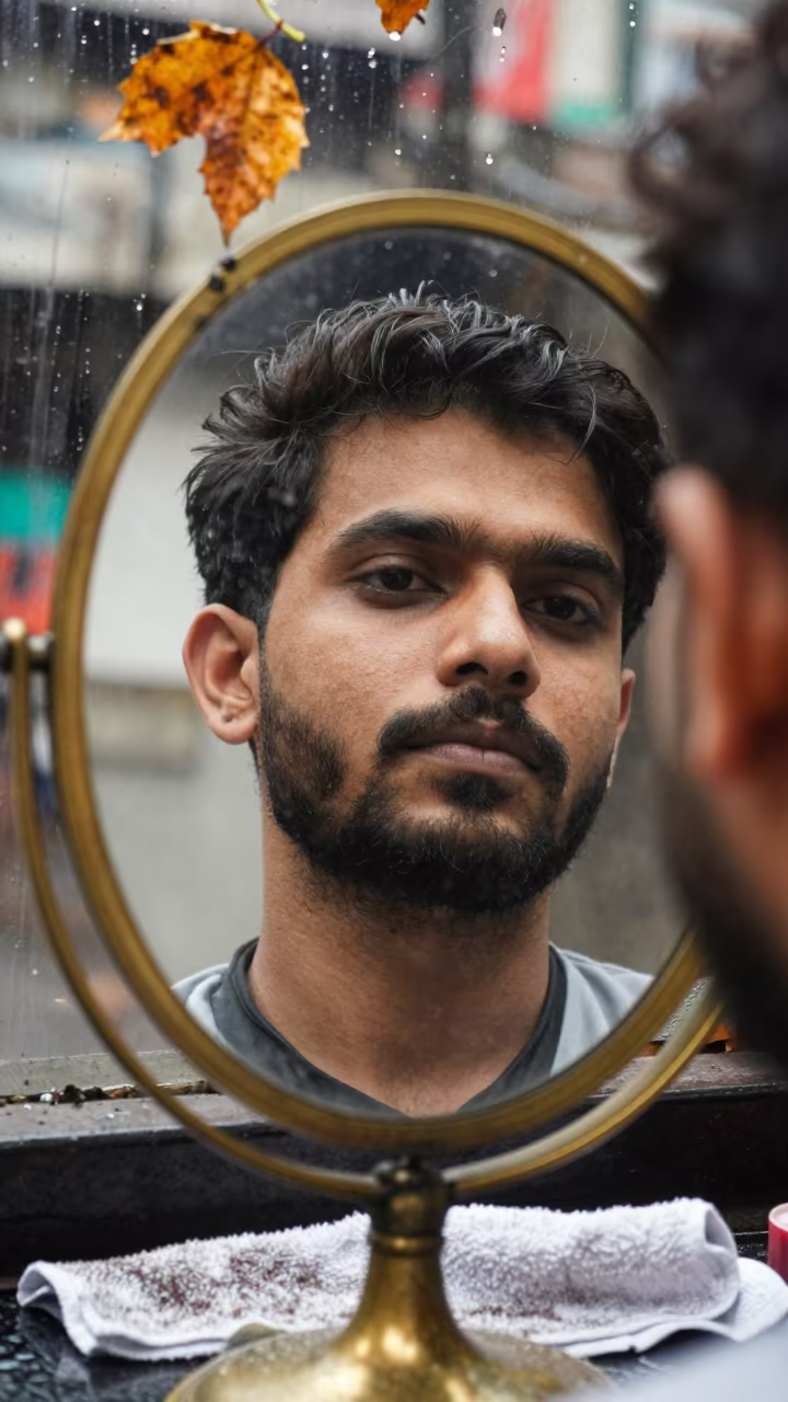 Man's Reflection in Rainy Barbershop Mirror in in Shankhari Bazaar, Dhaka