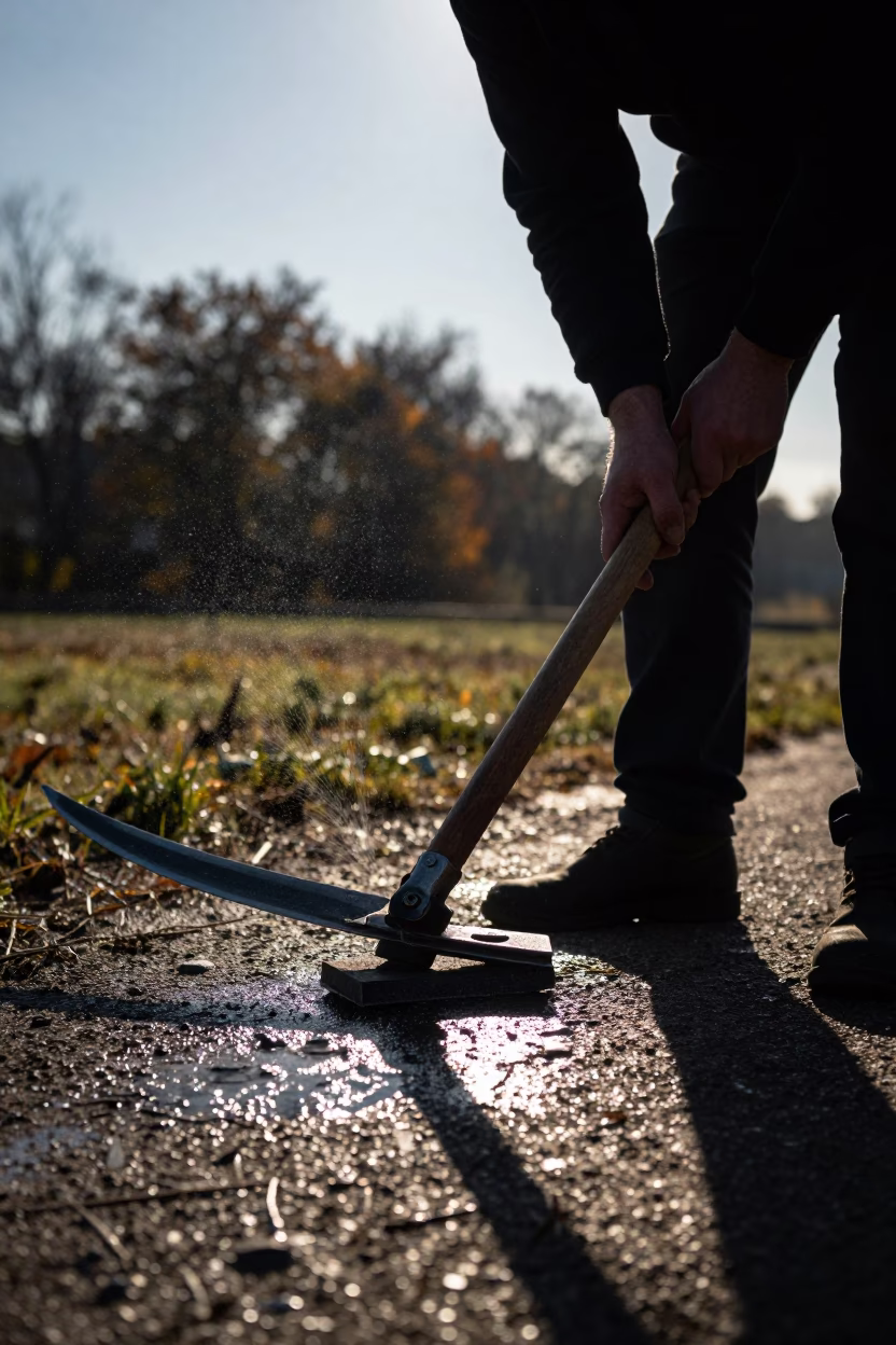Man Sharpening Scythe in Early Autumn Shadow in in Bielsko-Biała