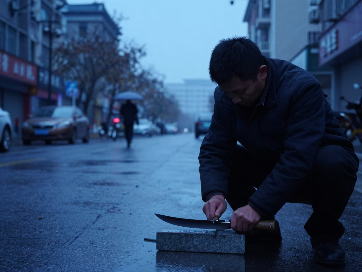 Man Sharpening Scythe in Hefei Twilight in in Hefei