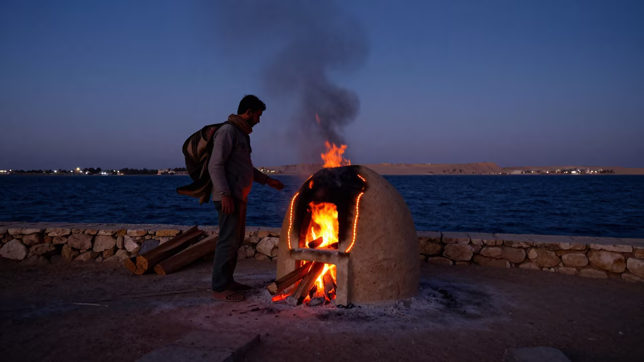 Man Stoking Tandoor at Faiyum Harbor in at a harbor edge in Faiyum