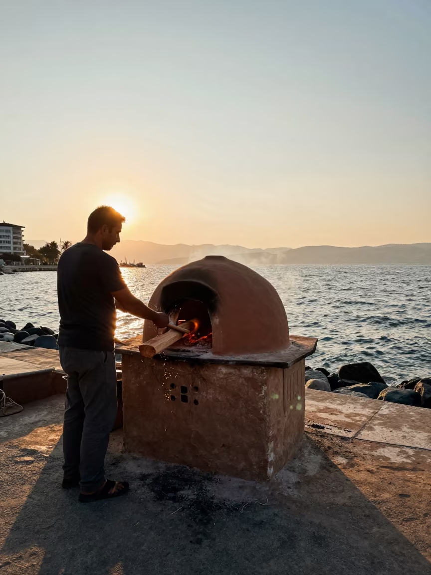 Silhouette of Man Stoking Tandoor at Harbor Edge in at a harbor edge in Skopje