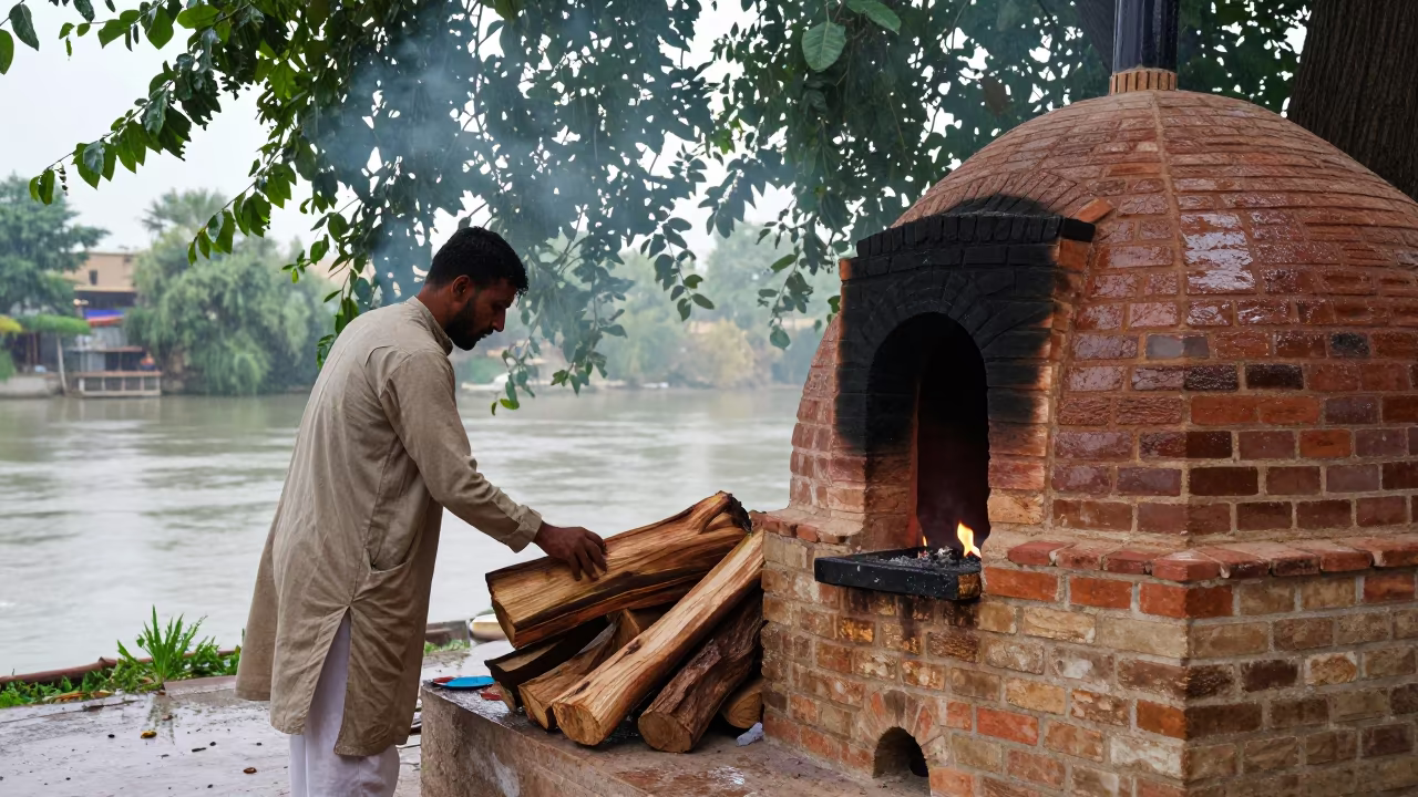 Man Stoking Tandoor Near Riverside Isfahan in near a riverside landing in Isfahan