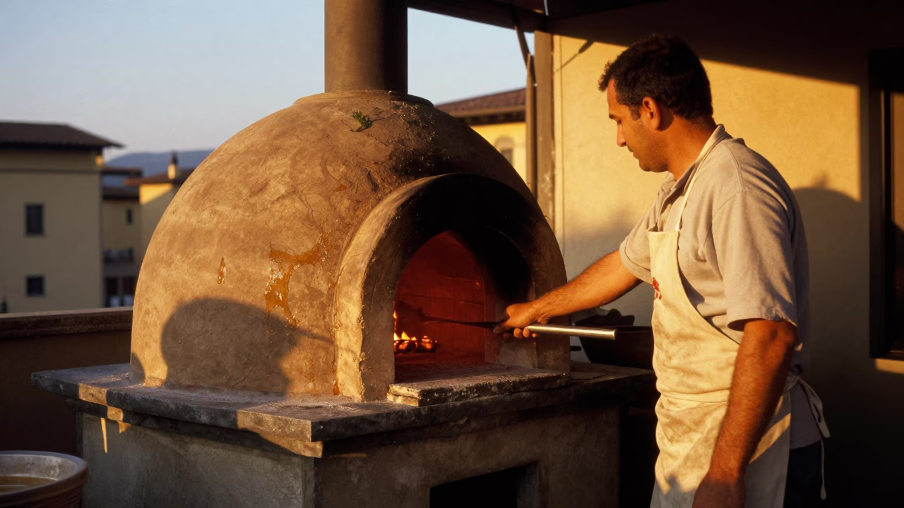 Man stoking tandoor oven in Florence Italy honeyed evening light candid street photography in in Florence, Italy
