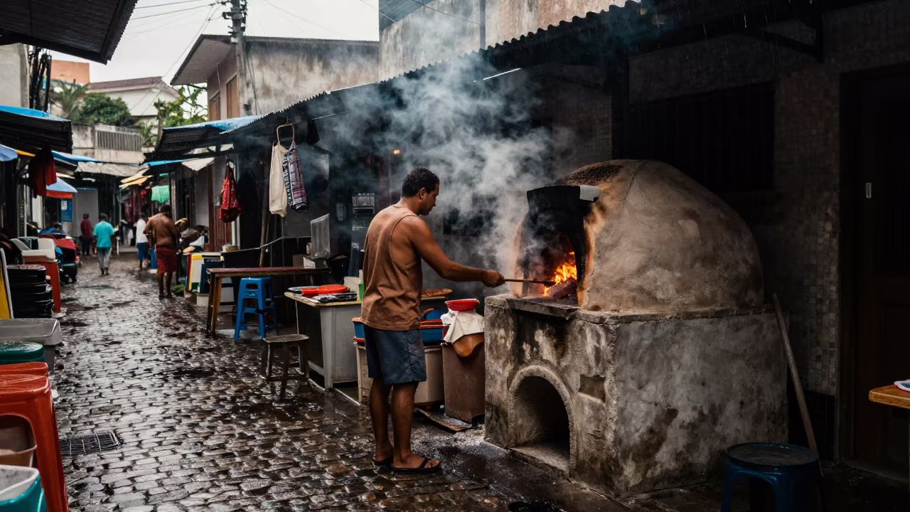 Man Stoking Tandoor Oven in Lapa Market Lane in along a market lane in Lapa, Rio de Janeiro