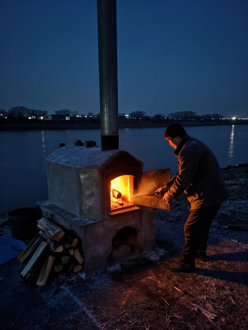 Man Stoking Tandoor Oven Night Frost Taichung in near a riverside landing in Taichung