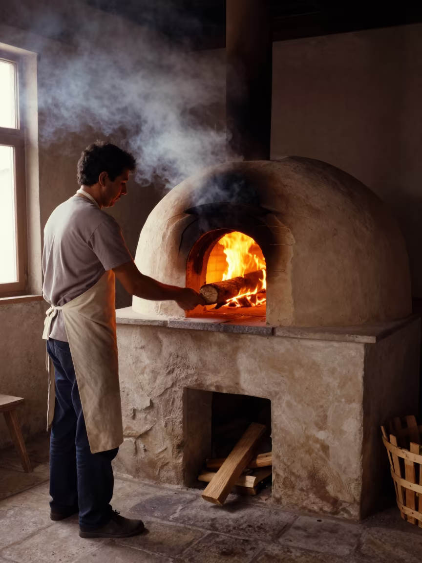 Man Stoking Tandoor Oven in Podgorica Dawn in in Podgorica