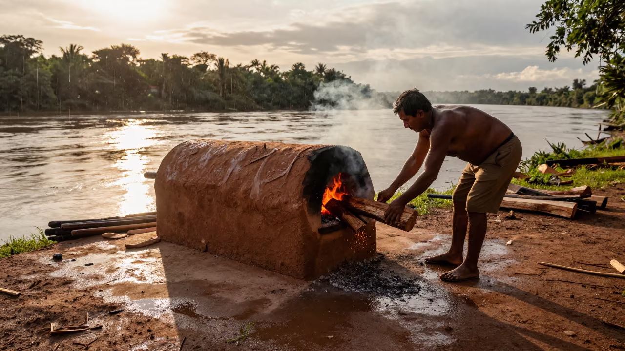 Man Stoking Tandoor Oven Near Tocuyito River in near a riverside landing in Tocuyito