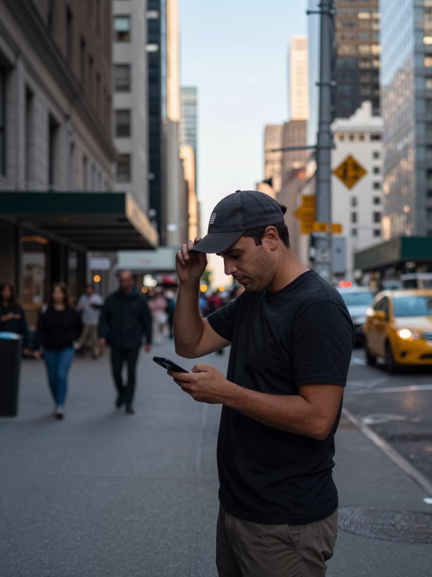 Man with Cap in New York City Late Afternoon Street Scene in in New York, New York, United States