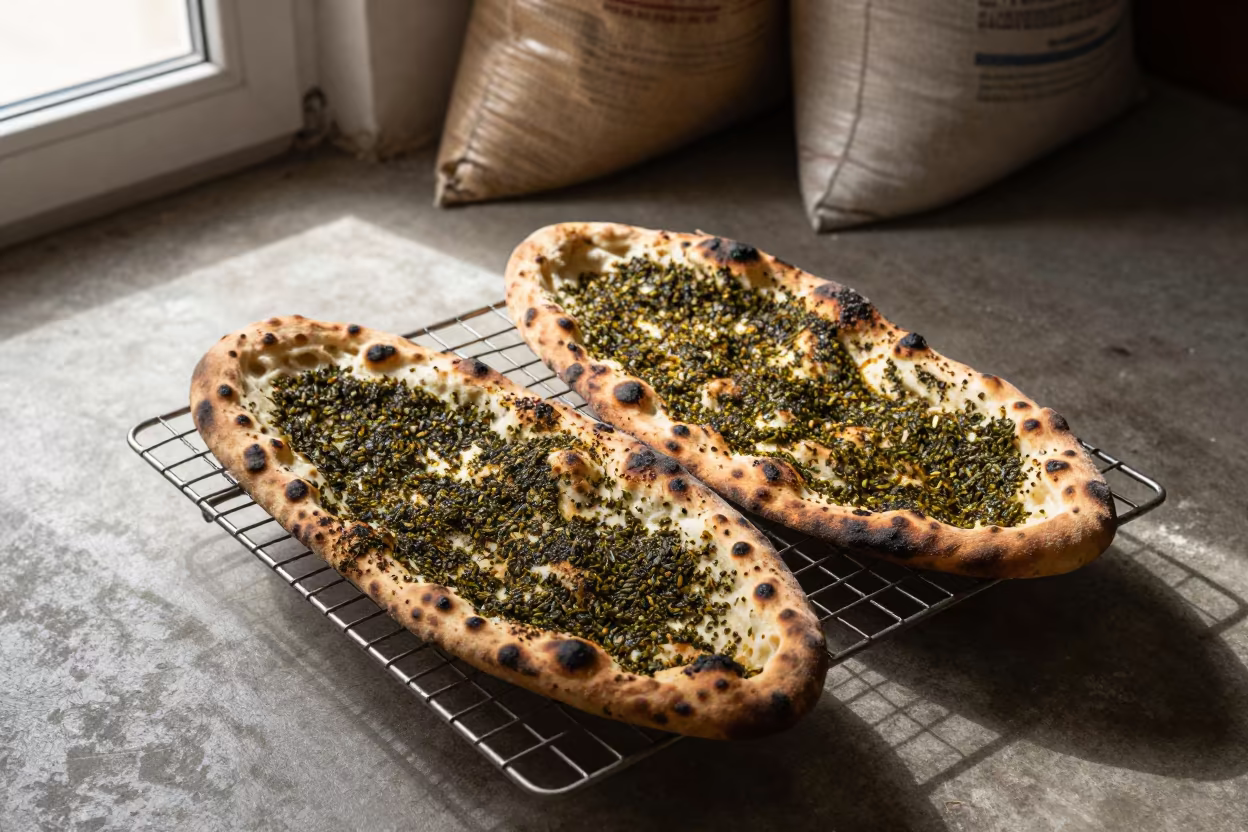 Manakeesh Zaatar Flatbread on Bakery Rack in on a bakery cooling rack in Amman