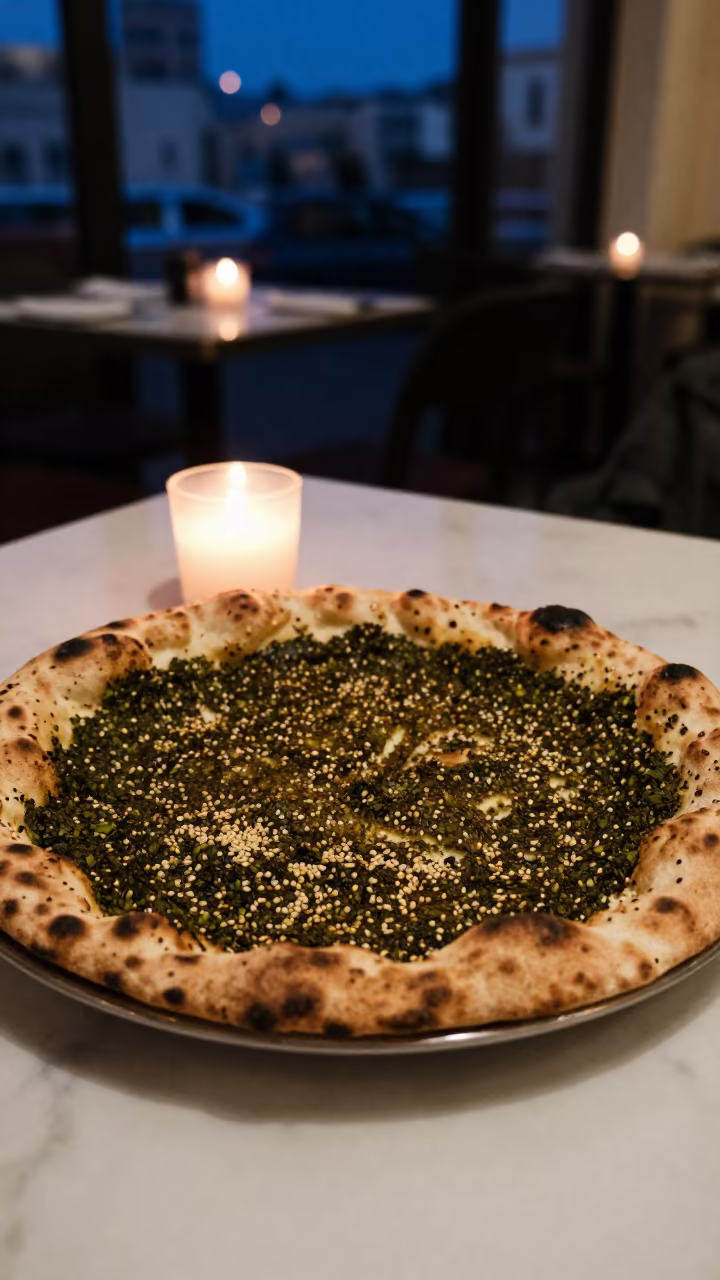 Manakeesh Zaatar Plate Candlelight Beirut Cafe in on a marble cafe table in Raouche, Beirut