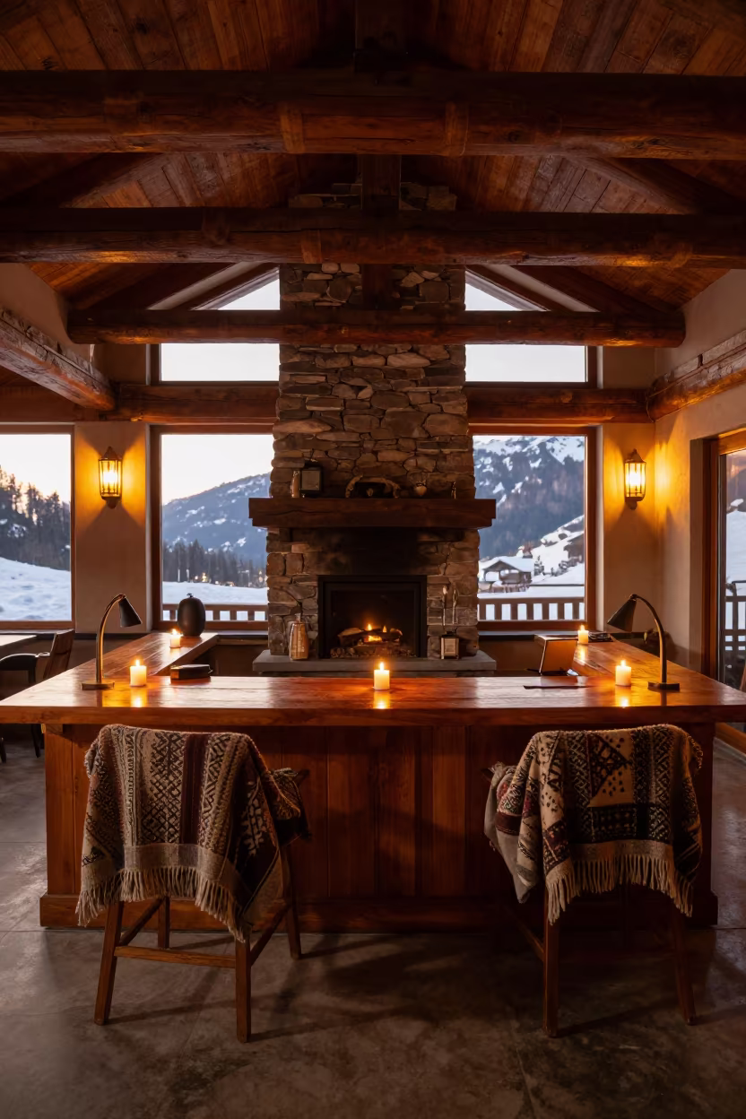Manali Lodge Fireplace Lounge at Sunset in at a reception desk under warm light near Manali