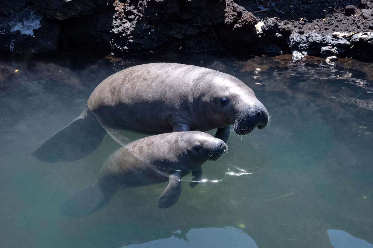 Manatee and Calf in BC Volcanic Spring in beside a volcanic drop-off in British Columbia