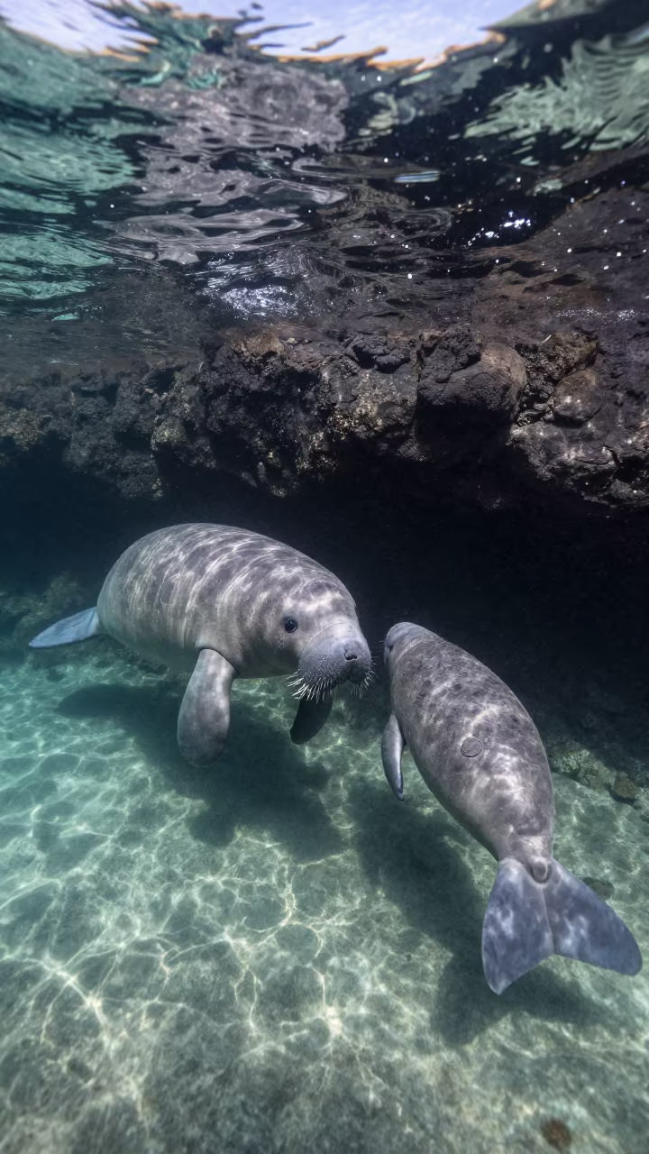 Manatee and Calf in Spanish Spring Waters in beside a volcanic drop-off in Spain