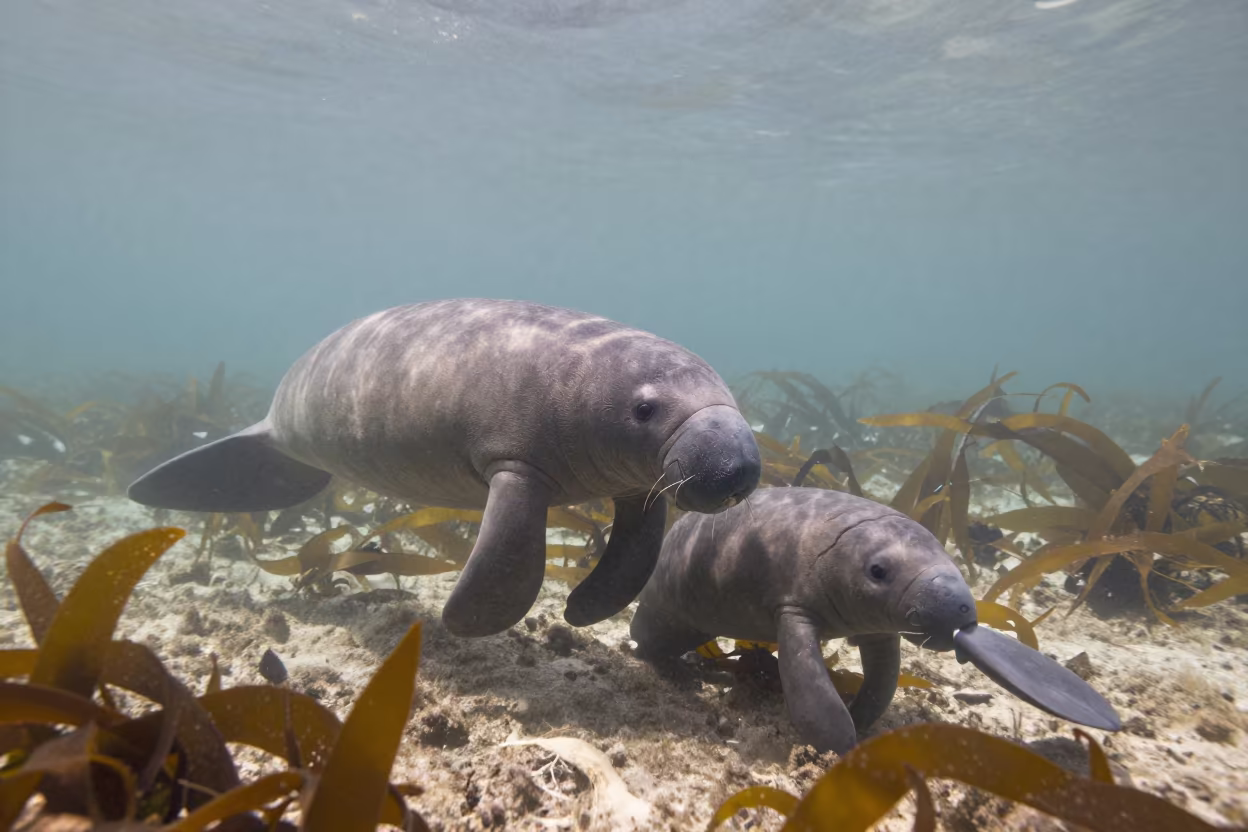 Manatee and Calf Swimming in Italian Kelp Shelf in along a kelp-fringed shelf in Italy