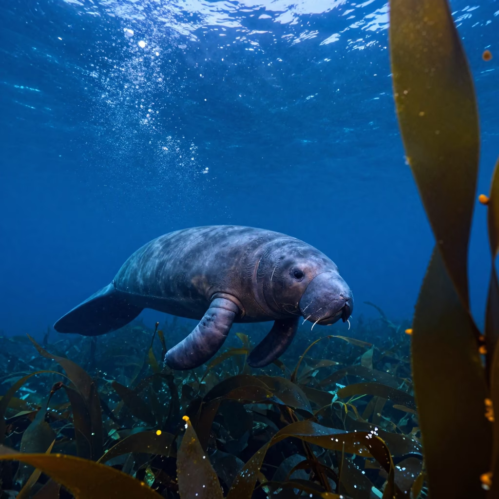 Manatee Drifting in Cape Town Twilight Water in along a kelp-fringed shelf near Cape Town