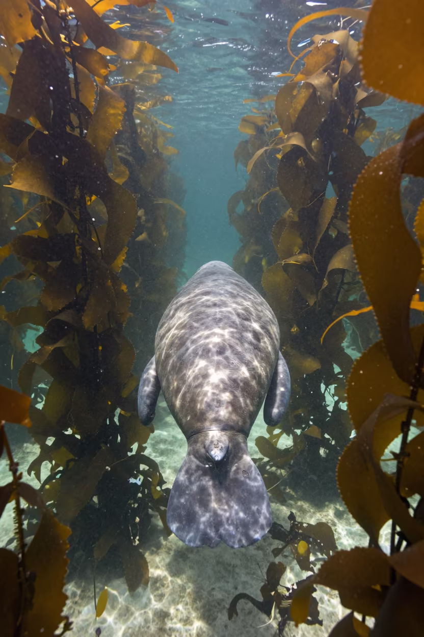 Manatee Drifting Through Kelp Forest Near Busan in through a forest of kelp fronds near Busan