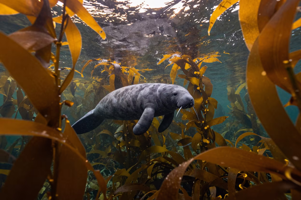 Manatee Drifts Through Kelp Forest at Sunset in through a forest of kelp fronds in New Zealand