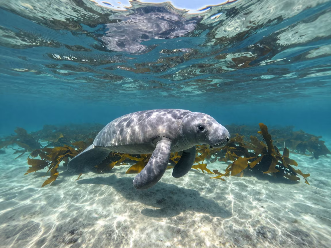 Manatee in Greek Kelp Spring Water in along a kelp-fringed shelf in Greece