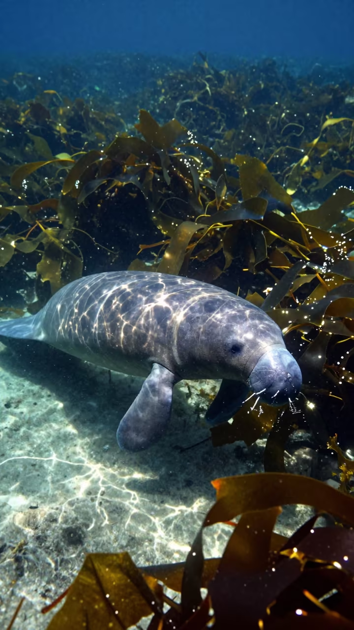 Manatee Swimming Through Kelp Forest in Thailand in through a forest of kelp fronds in Thailand
