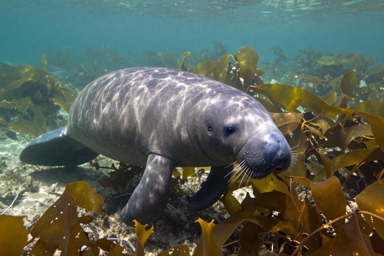 Manatee Through Kelp Near Havana in through a forest of kelp fronds near Havana