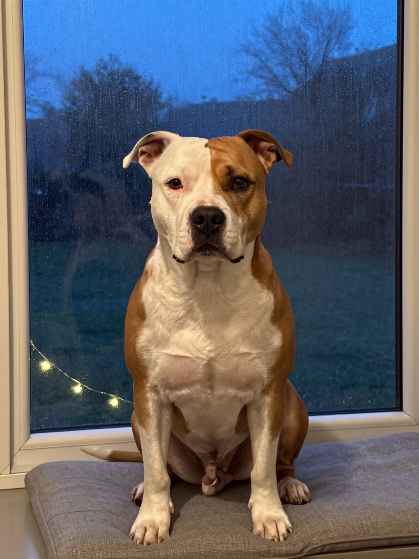 Mancherial Terrier Portrait in Twilight Glow in on a cushioned window seat with soft side light and an uncluttered background in Mancherial