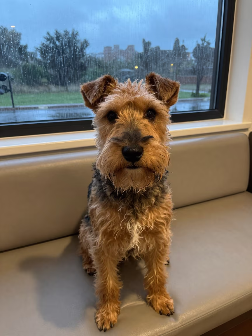 Mancheste Terrier Portrait Window Seat in on a cushioned window seat with soft side light and an uncluttered background in Merida