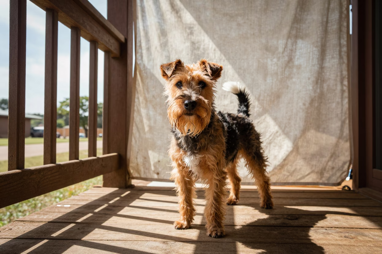 Manchester Terrier on Shaded Bulawayo Porch in on a shaded front porch with boards, railings, and eye-level framing near Bulawayo