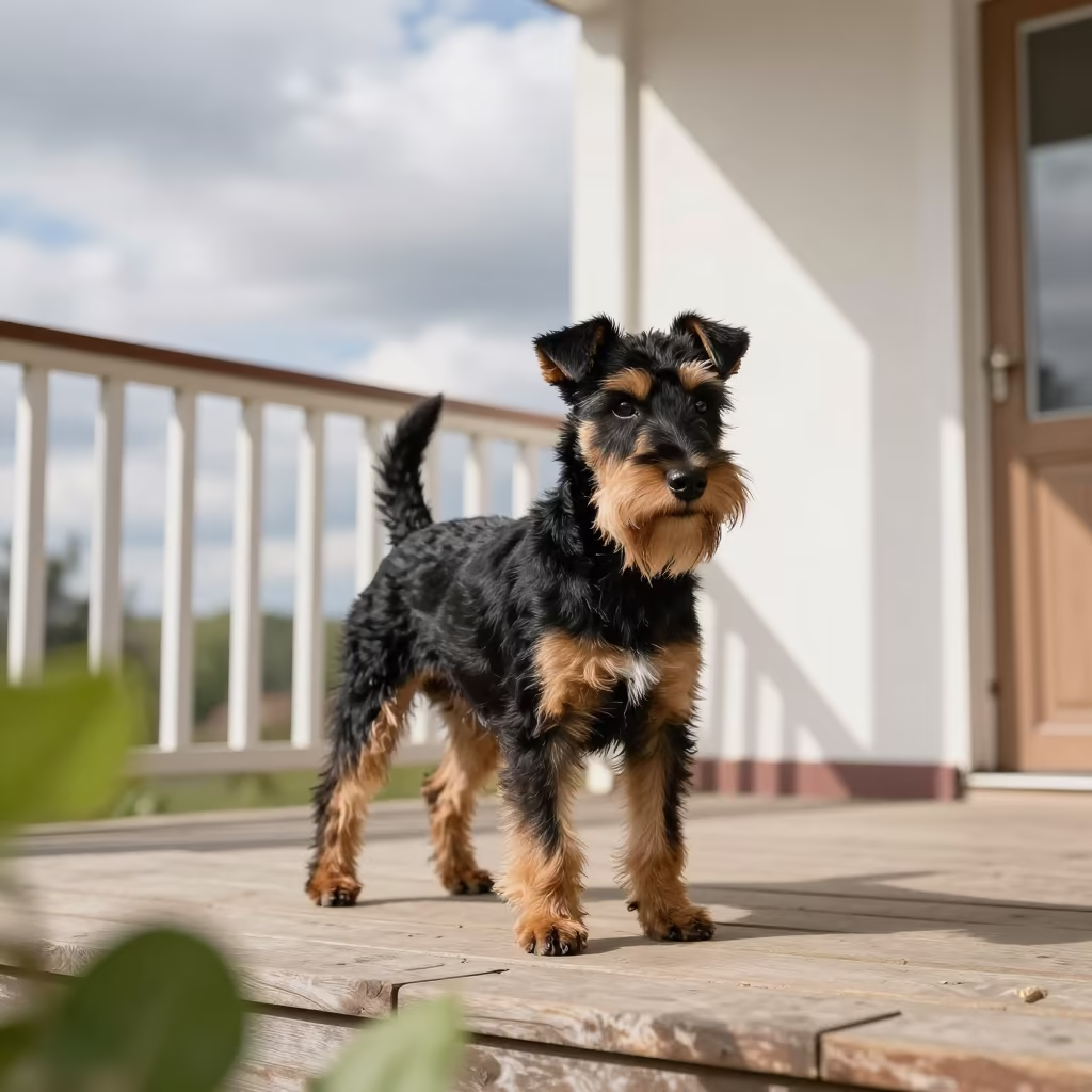 Manchester Terrier on Shaded Kramatorsk Porch in on a shaded front porch with boards, railings, and eye-level framing in Kramatorsk