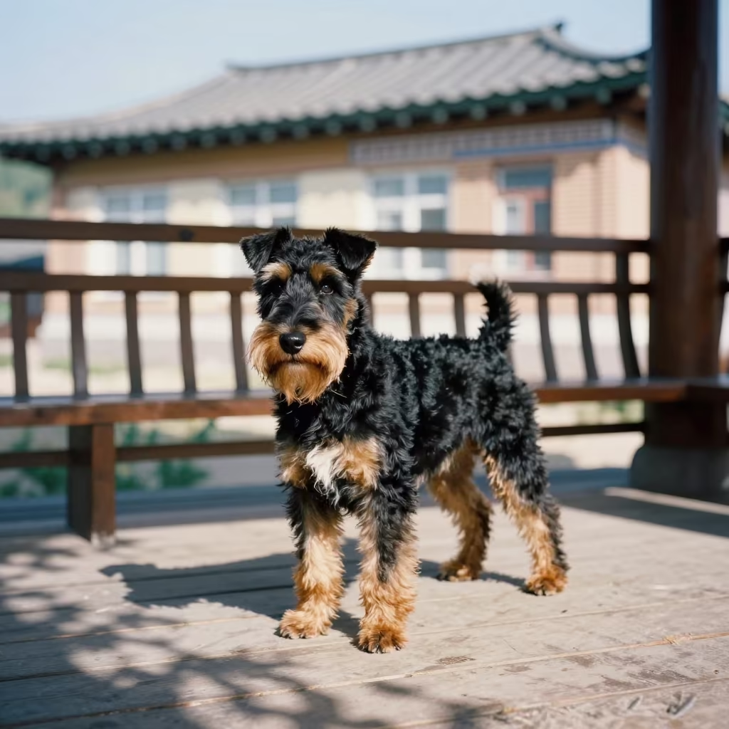 Manchester Terrier on Shaded Porch in on a shaded front porch with boards, railings, and eye-level framing near Pyongyang