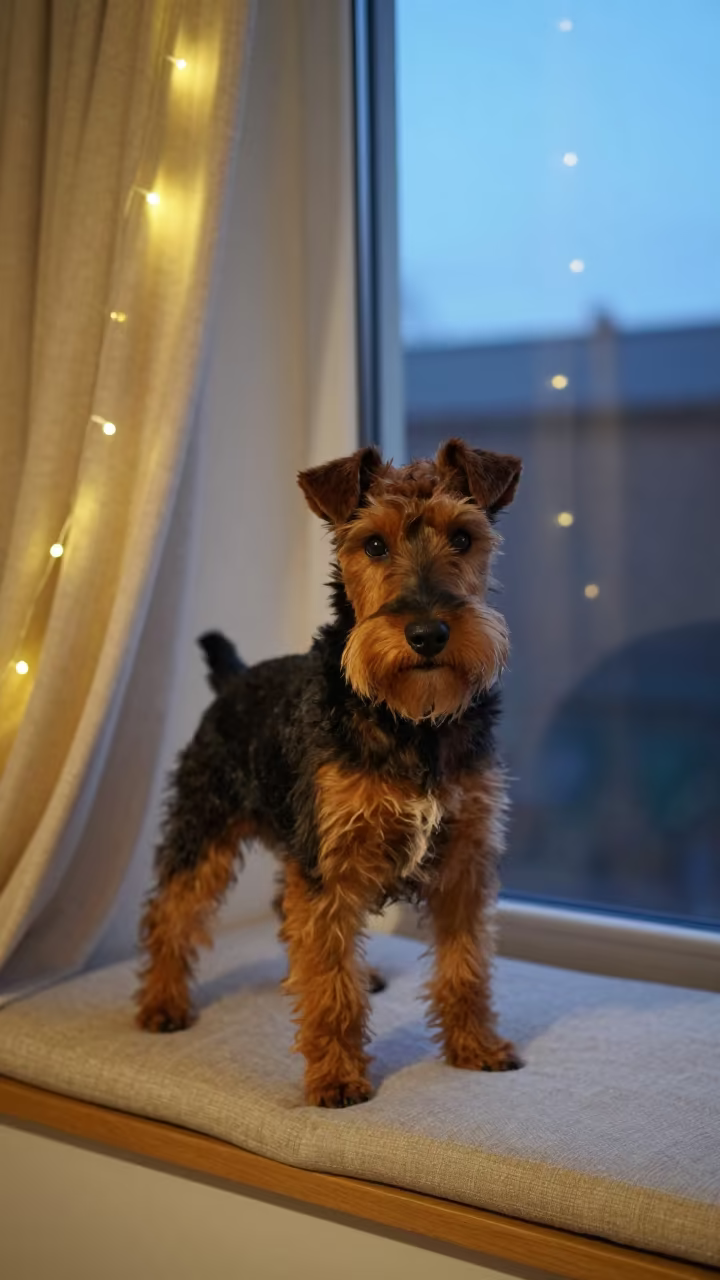 Manchester Terrier on Window Seat in Fuzhou in on a cushioned window seat with soft side light and an uncluttered background in Fuzhou