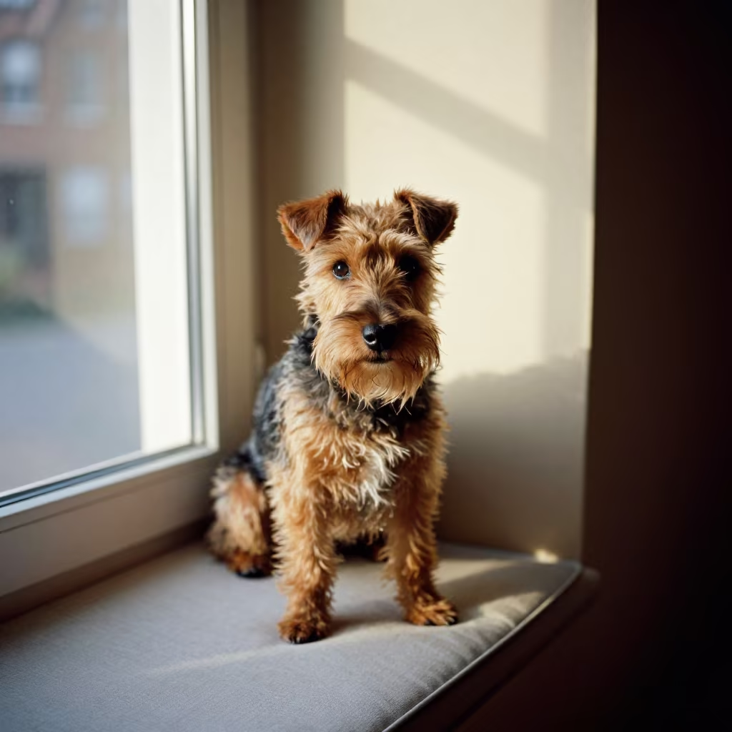 Manchester Terrier on Window Seat in Kitwe in on a cushioned window seat with soft side light and an uncluttered background in Kitwe