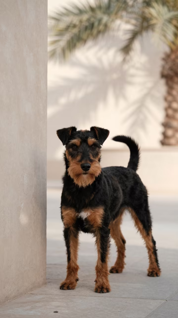 Manchester Terrier Portrait Abu Dhabi Wall in beside a plain courtyard wall in clear daylight with the animal at eye level in Abu Dhabi