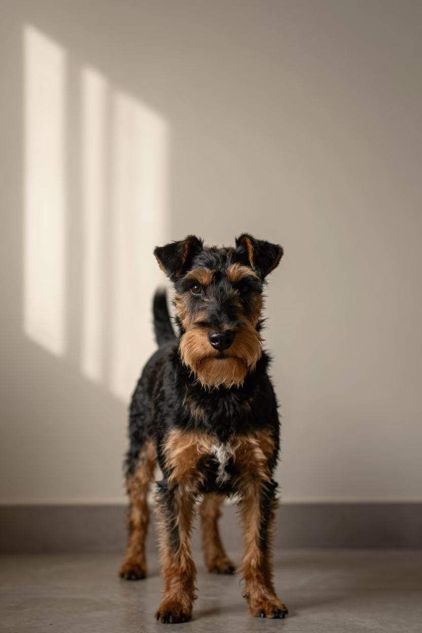 Manchester Terrier Portrait Aligarh Indoor in beside a plain plaster wall in soft indoor light with the animal centered in frame in Aligarh