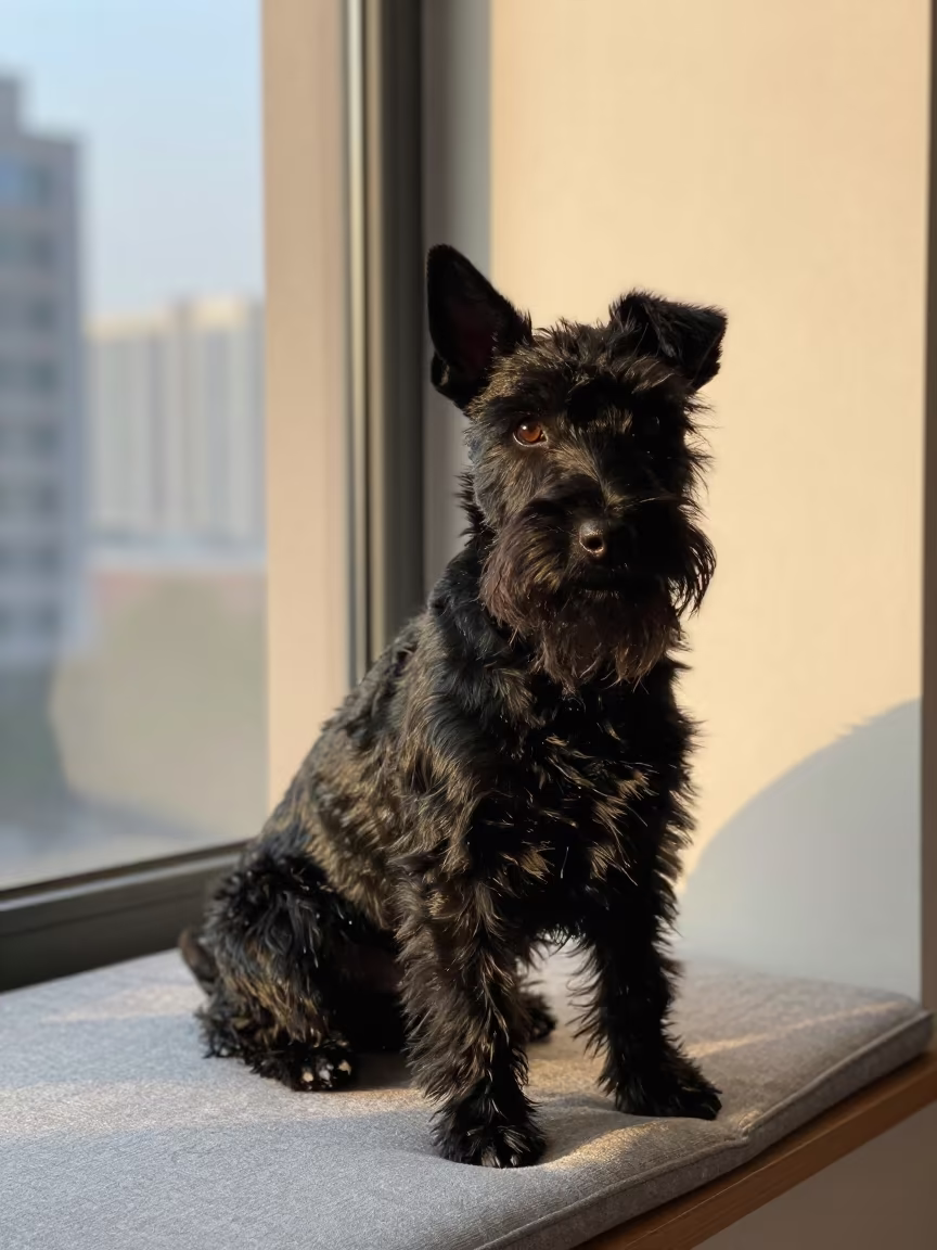 Manchester Terrier Portrait Amber Light in on a cushioned window seat with soft side light and an uncluttered background near Shanghai