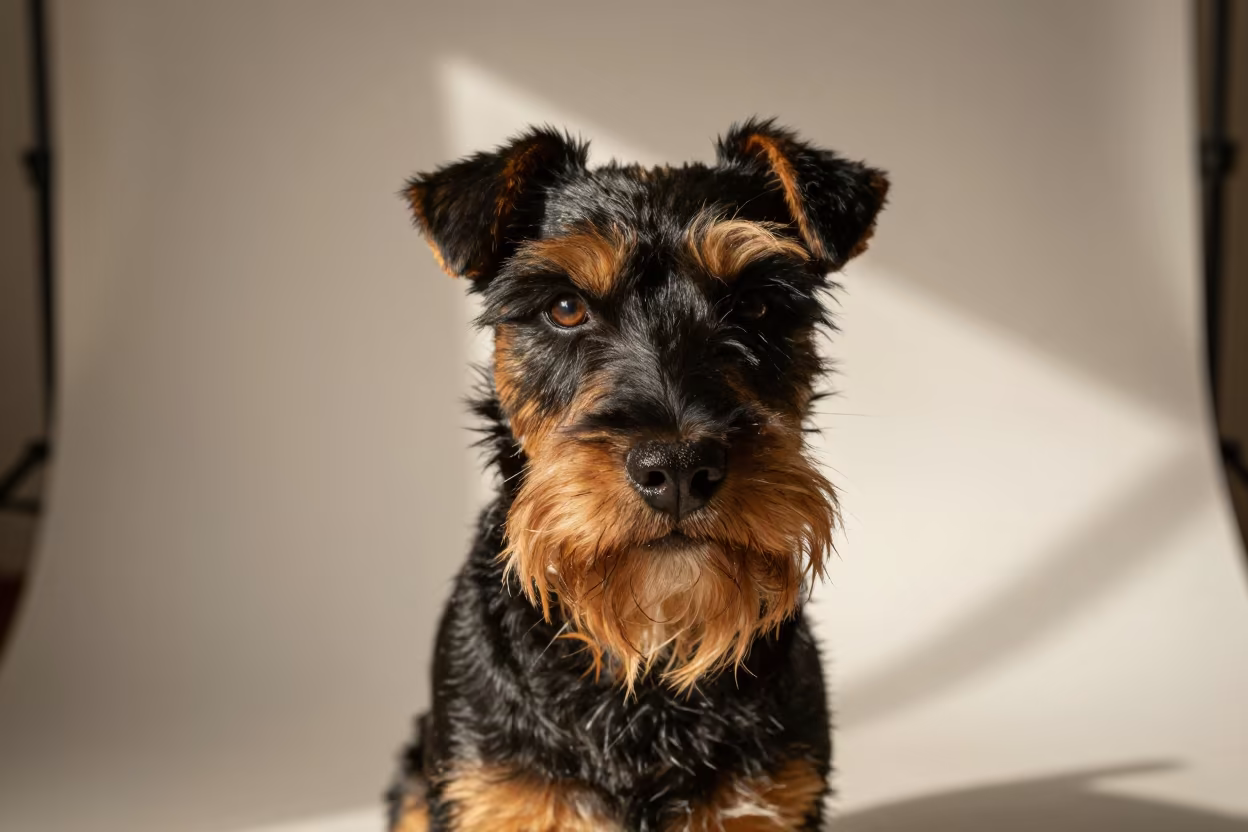 Manchester Terrier Portrait Bauchi Studio in in a quiet portrait studio with a plain backdrop and eye-level framing in Bauchi