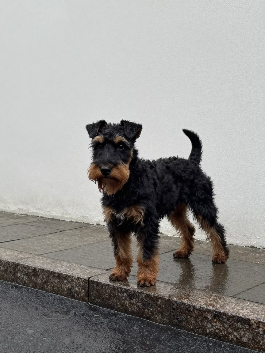 Manchester Terrier Portrait Beside Courtyard Wall in beside a plain courtyard wall in clear daylight with the animal at eye level in Zhengzhou