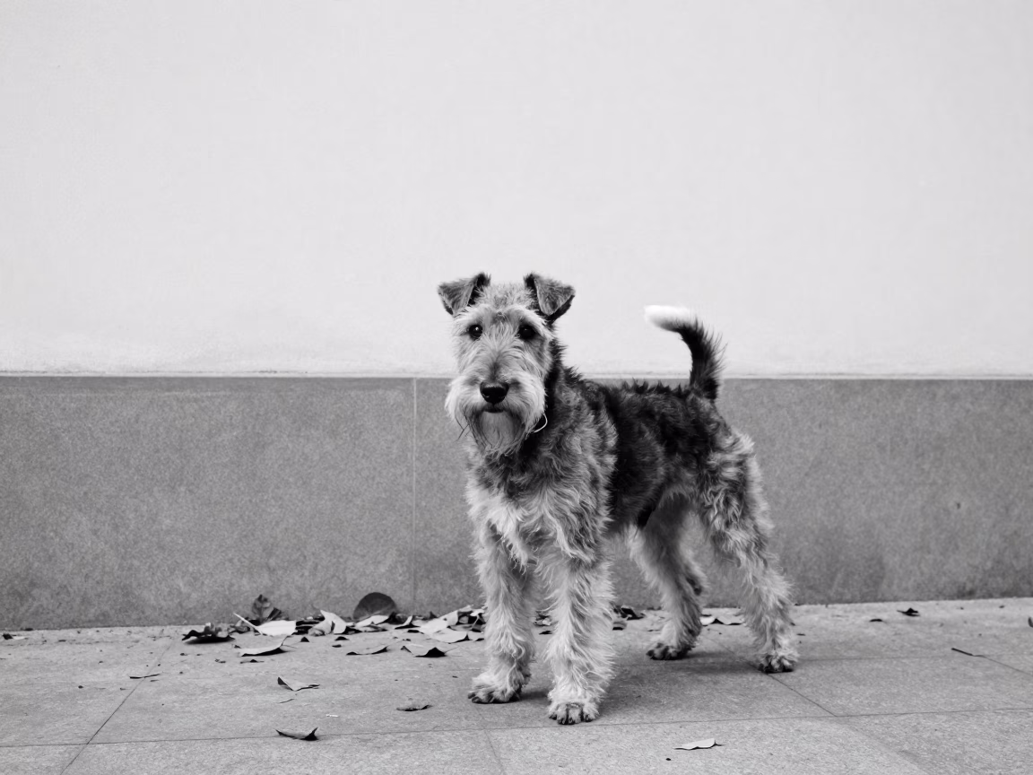 Manchester Terrier Portrait Beside Hefei Courtyard Wall in beside a plain courtyard wall in clear daylight with the animal at eye level in Hefei