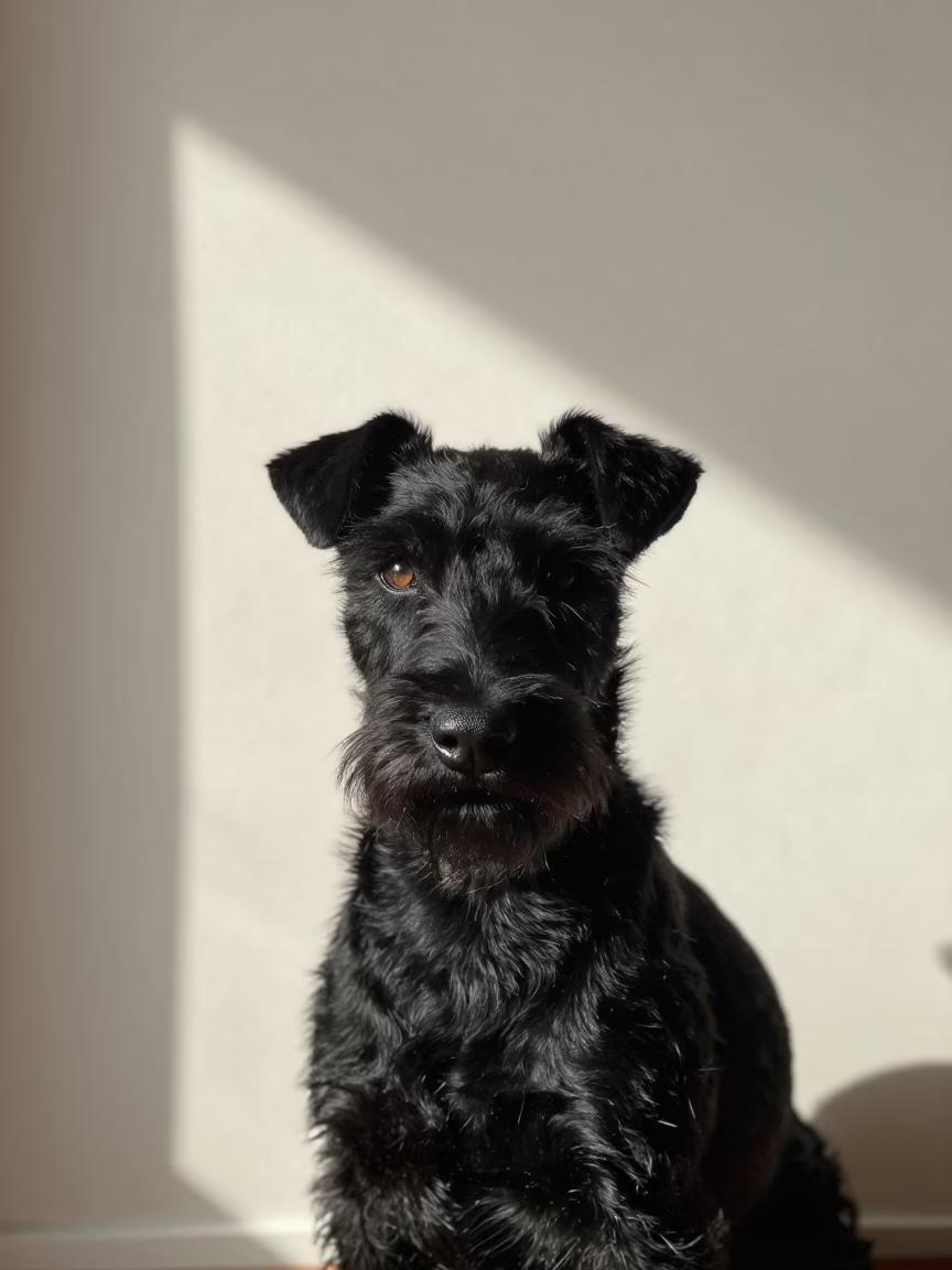 Manchester Terrier Portrait Beside Lekki Plaster Wall in beside a plain plaster wall in soft indoor light with the animal centered in frame near Lekki, Lagos