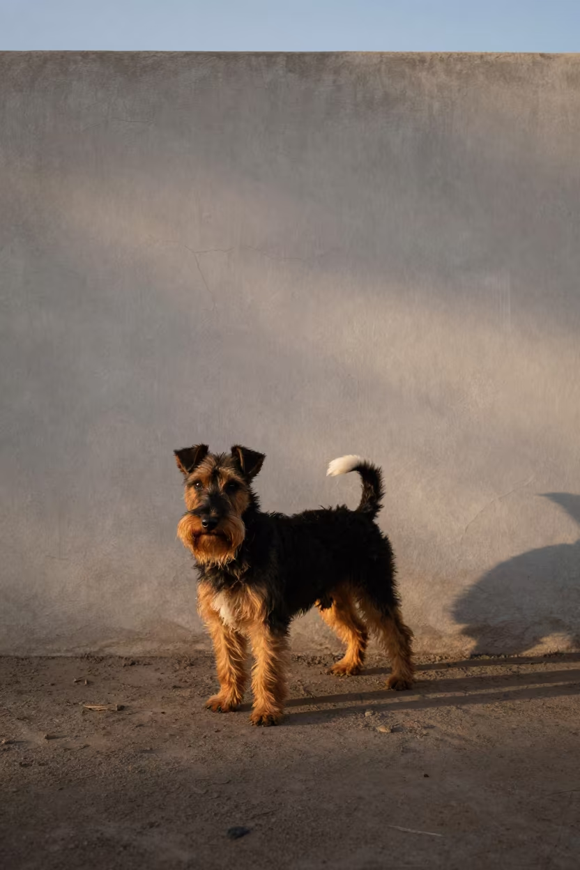 Manchester Terrier Portrait Beside Mogadishu Wall in beside a plain courtyard wall in clear daylight with the animal at eye level near Mogadishu