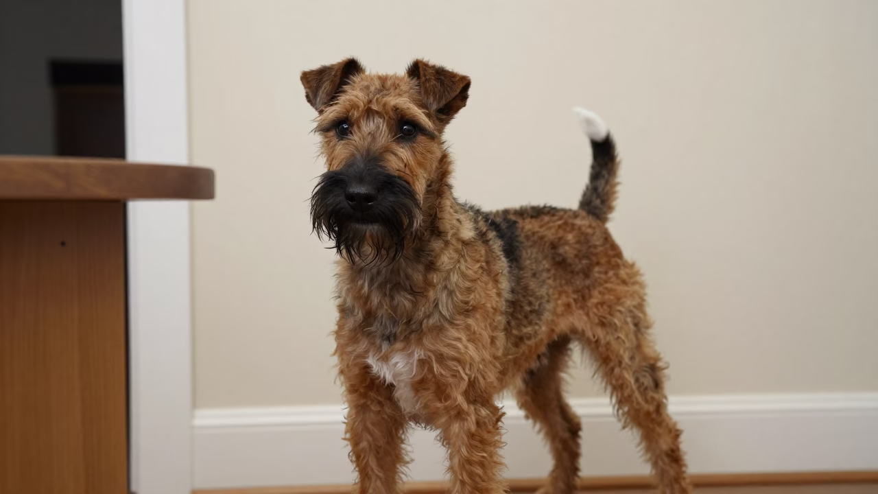 Manchester Terrier Portrait Beside Plaster Wall Delmas in beside a plain plaster wall in soft indoor light with the animal centered in frame near Delmas