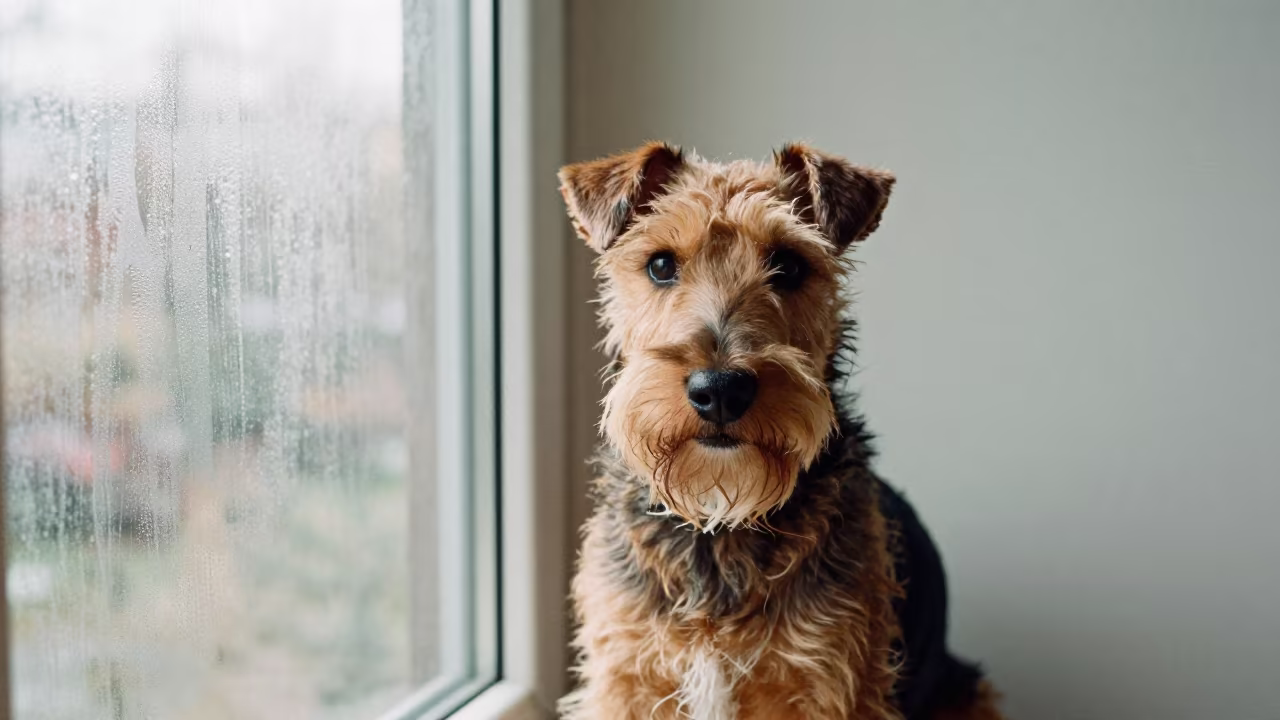 Manchester Terrier Portrait Beside Plaster Wall in beside a plain plaster wall in soft indoor light with the animal centered in frame in Ningbo